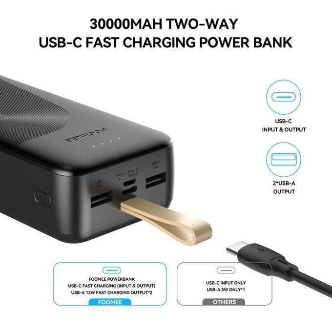 FOOMEE 30000mAh, Power Bank AB31 With Type-C Fast Charging, built-in strap and Light Indicator